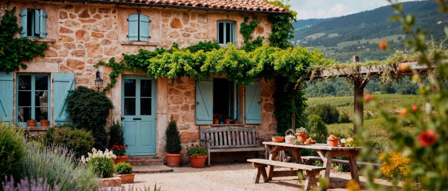Maison en pierre avec volets bleus et une table à l'extérieur, typique des gîtes de France