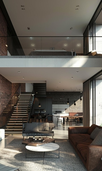 Salon moderne avec un espace ouvert, des escaliers et un aménagement contemporain